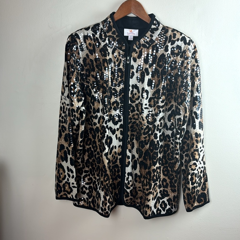 Quacker Factory NWT  Sparkle Shine  Zipper Front Jacket Cheetah Print XL A226198